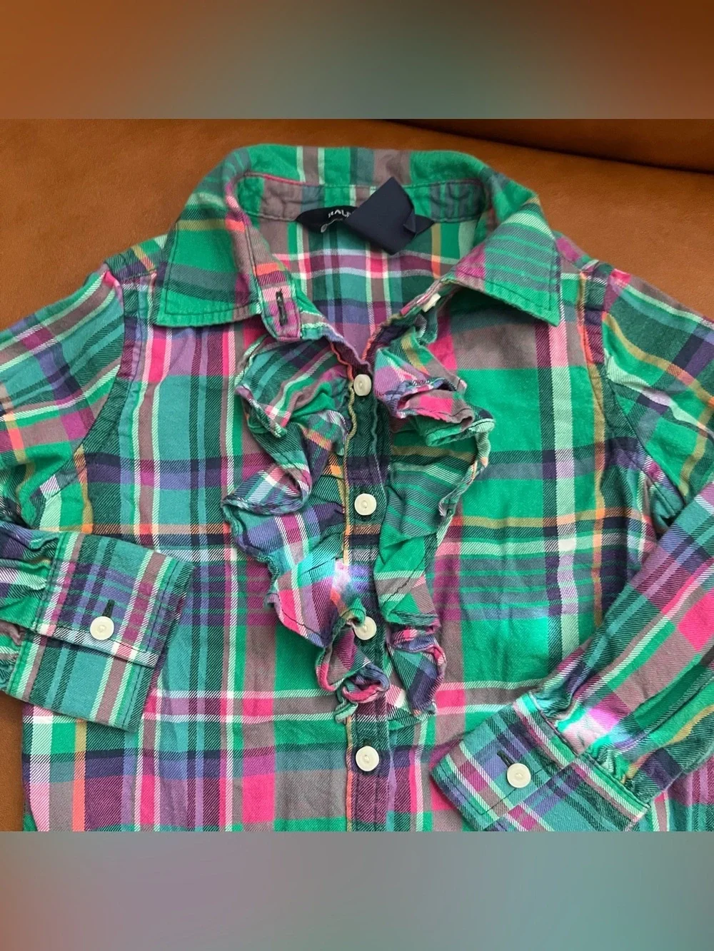 Ralph Lauren Toddler Girls Sz 2T Flannel Jabot Plaid Ruffle Button-Down Shirt